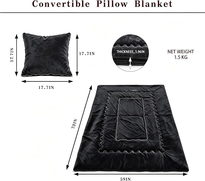Black Pillow Blanket 2 in 1 Convertible, Soft Plush Throw Blanket, Large Warm Travel Blanket, Foldable Compact Pillow for Airplane,Car - Image 4