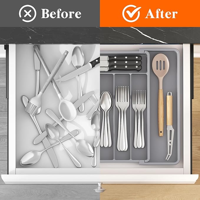 Lifewit Expandable Silverware Drawer Organizer, Kitchen Utensil Tray | BPA-free Plastic Flatware Cutlery Holder, Space-Saving Storage for Spoons Forks Knives, 11-18 x 14 x 1.5“, Gray - Image 5