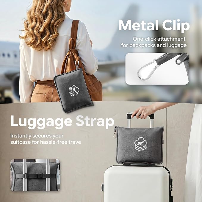 Travel Blanket, Soft 2-in-1 Airplane Blanket, 65x40 Inches, Travel Blanket Airplane Compact with Bag, Car Blanket with Luggage Sleeve & Backpack Clip (Light Grey) - Image 4