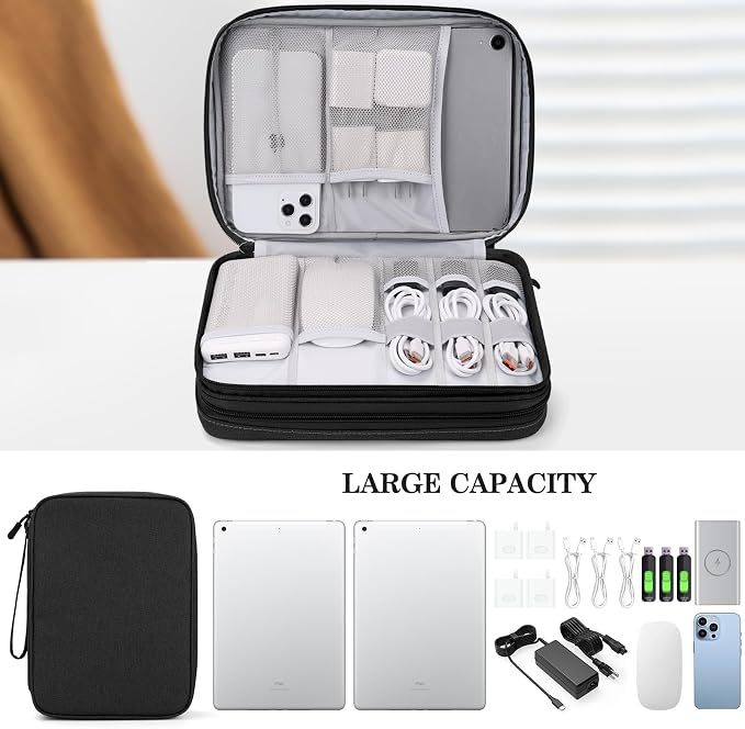 FYY Electronic Organizer, Travel Tech Pouch Bag, Extra Large, Black | Wrist Strap, Waterproof, Double Layers Electronics Travel Case for iPad, Cord, Laptop Charger, Daily and Business Trips Use - Image 6
