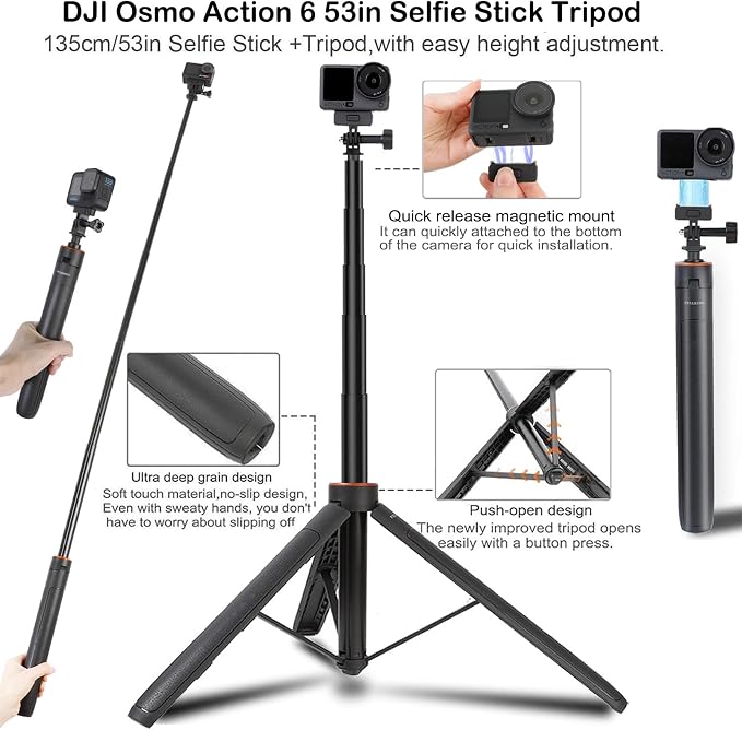 PellKing Accessories Kit for DJI Osmo Action 6,Carrying Case with Belt 135cm Selfie Stick Tripod Waterproof Housing Suction Cup Magnetic Handlebar Mount Qucik Release Clip 4 in 1 Body Mount - Image 2