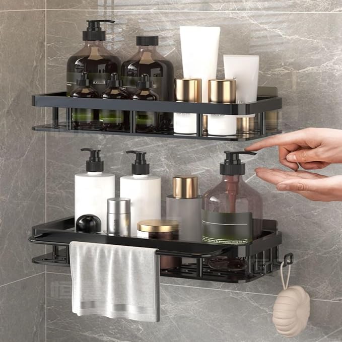 Shower Organizer and Storage: Aluminum Shower Caddy Adhesive Bathroom Shelves No Drill Wall Mount Bathroom Rack with Hooks and Towels Rod for Inside Shower (1 Pack) - Image 9