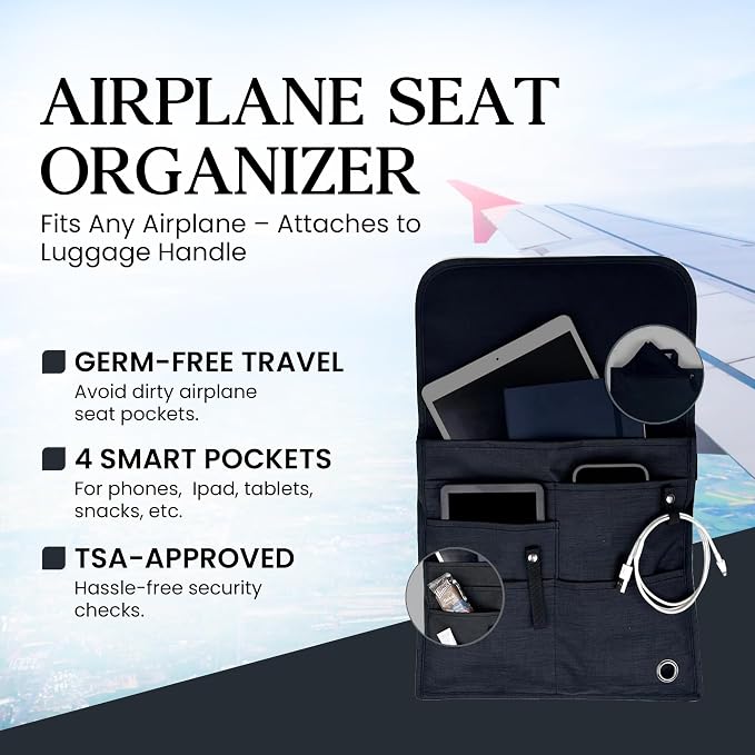 Airplane Pocket Organizer | Tray Table Cover | In Flight Seat Back Organizer Bag | Commuter Essential Travel Bag | Media Pouch For Flying | Travel Gift | Attaches To Luggage - Image 3