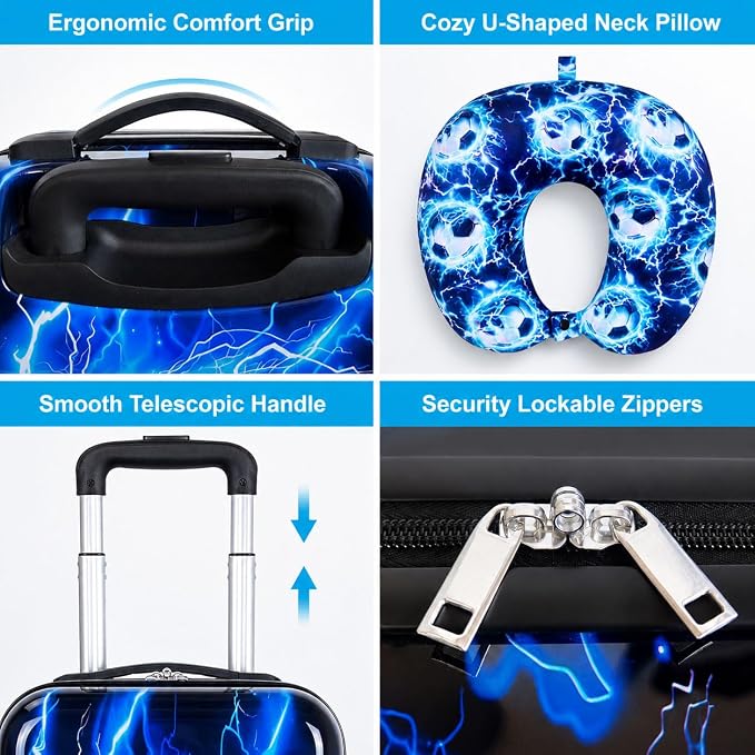 Lightweight Hardshell Spinner Kids Carry On Luggage Set 2PCS with Wheels - Airplane Approved Suitcase for Boys & Children Ages 3-10, Lightning Soccer Rolling Suitcases for Elementary Toddler Travel - Image 6