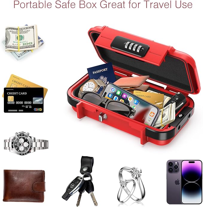 LOFICOPER Travel Safe Lock Box, Waterproof Beach Lock Box, Anti-Theft Personal Security Case with 4 Digit Resetable Code, Removable Chain, Portable Safe for Travel, Home, Office, Keys, Cash, Red - Image 4
