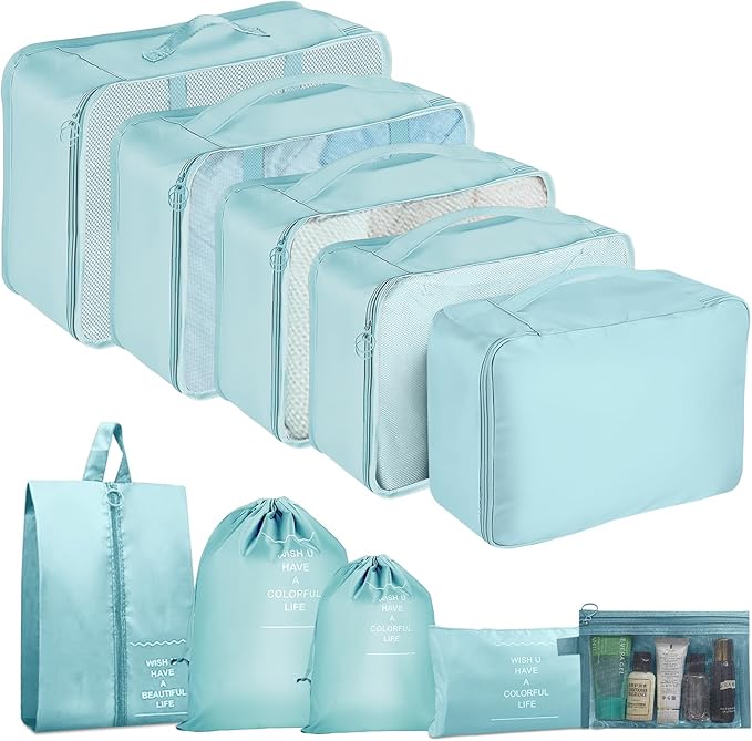 Packing Cubes for Travel- 8 Set Luggage Organizer Bags for Family, Mesh Breathable Travel Packing Cubes for Suitcases Durable Travel Essentials Bags Set (Blue, 10 Set) by YEEYAA
