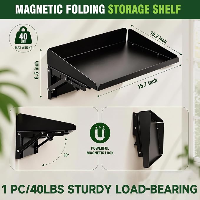 ULIBERMAGNET Magnetic Folding Shelf, 40LBS Heavy Duty Magnetic Mounted Rack for Garage, Workshop, RV,Power Tools,Toolbox,1Set Storage Shelves with Lip for Workshop Kitchen Office - Image 3