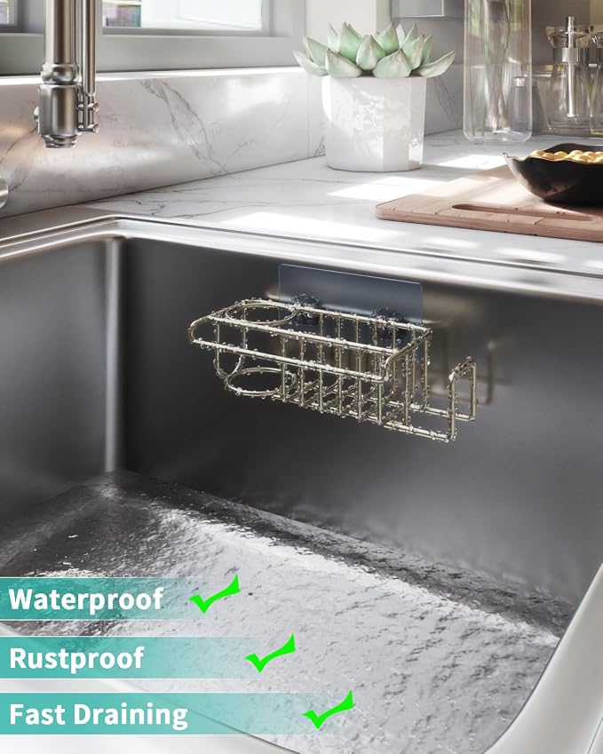 HapiRm Sink Caddy Sponge Holder - No Drill Sponge Holder for Kitchen Sink, Rustproof and Waterproof Kitchen Organizer - Brushed Nickel（8.65 * 3.54 * 2.36 in） - Image 4