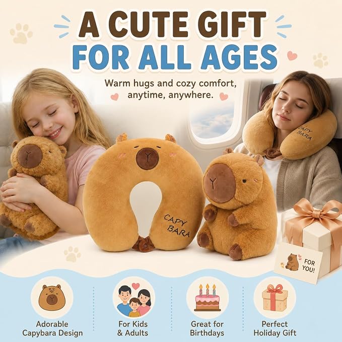 Capybara Travel Pillow for Kids & Adults Car Neck Pillow Memory Cotton U-Shaped Neck Pillow Soft Head Support Travel Accessories for Airplane Car Train Bus Airplane Pillow - Image 7