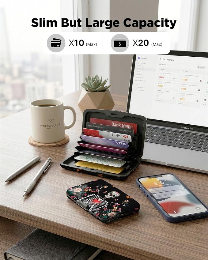 Maicican RFID Blocking Aluminum Credit Card Holder | Slim Metal Wallet for Women & Men, Business Card Case for Travel, Fits Front Pocket, Card holder wallet - Flower Skull - Image 5