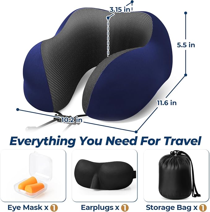 ExploreBliss Travel Pillow, Memory Foam Neck Pillow Airplane, Blue | Travel Pillows for Airplanes, Neck Pillow Airplane, Memory Foam Neck Pillow Set with Eye Mask, Earplugs - Image 2