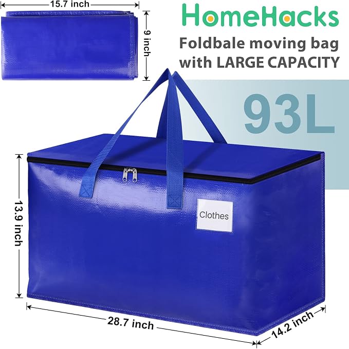 HomeHacks Moving Bags, 93L-4 Pack Heavy Duty Moving Totes | Storage Bags, Collapsible Moving Supplies, Reinforced Handles & Tag Pocket, Moving Totes with Zipper - Image 2