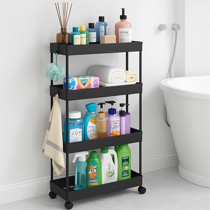 ShellKingdom 4 Tier Bathroom Storage Organizer, Slim Rolling Storage Cart for Narrow Space, Mobile Shelving Unit with Lockable Wheels and Hooks for Bathroom, Kitchen, Laundry Movable Shelf (Black) - Image 4
