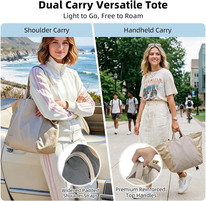 Lightweight Carryall Tote Bag for Women, 25L Expandable Travel Work Bag with Tablet Sleeve, Gym Tote with Yoga Mat Holder & Wet Dry Pocket, 3-Piece Set with Shoe Bag & Cosmetic Pouch (Khaki) - Image 7