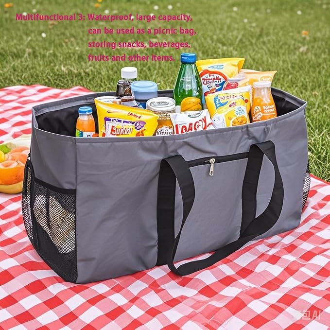 Extra Large Utility Tote Bag - Reusable Grocery Bags Foldable Heavy Duty | Large Shopping Tote 4 Pockets & Reinforced Handles, Water-Resistant Collapsible Tote for Beach, Picnic, Car Storage - Image 5