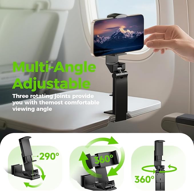 Airplane Phone Holder, Foldable Phone Holder for Airplane Seat Back Luggage Pole Desk 360° Rotation for Multi-Directional Viewing, Travel Essentials Holds Cell Phones (Black 2pcs) - Image 4