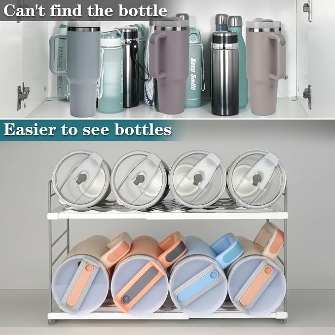 Water Bottle Organizer For Cabinet, Adjustable Tumbler Storage, Expandable Water Bottle Holder For Kitchen Organization, 2 Tier Cup Organizer For Sports Flask Insulated Travel Mug Fridge, White - Image 5
