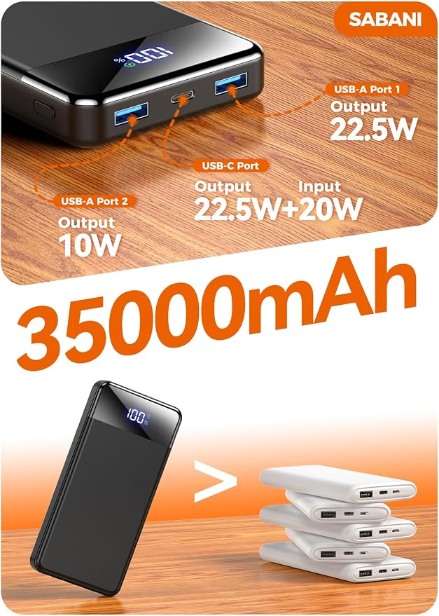 SABANI Portable Charger 35000mAh Power Bank, 4 Built in Cable Big Capacity | Ultra Slim, 22.5W Fast Charge, Travel Camping Essential, USB C External Battery Pack for iPhone Samsung Android, Black - Image 9