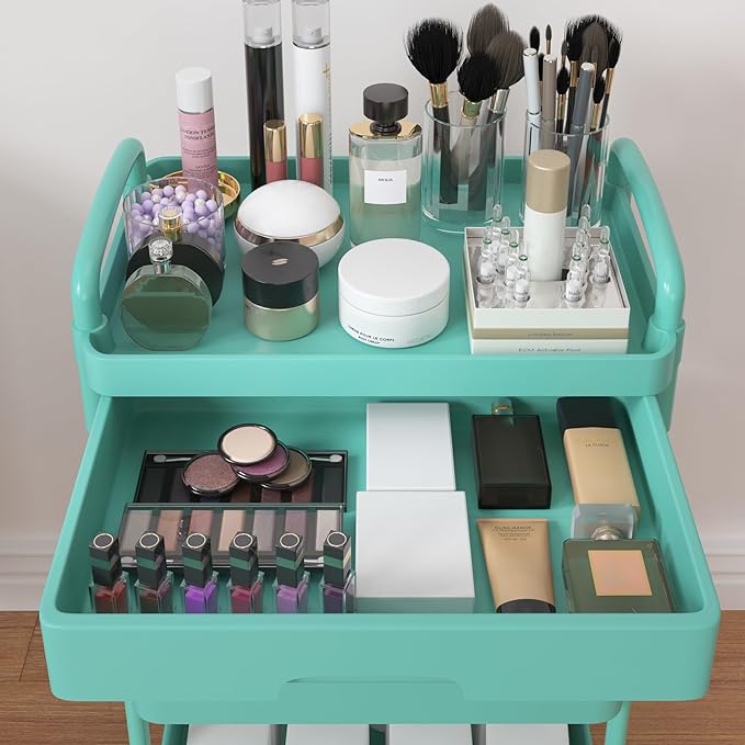 Calmootey 4-Tier Utility Cart with Drawer & Wheels, Storage for Home,Office | Space-Saving Organizer, Sturdy Plastic Shelves, Smooth-Rolling Metal Wheels, Built-in Drawer for Small Items, Green - Image 9
