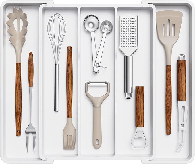 Lifewit Utensil Organizer for Kitchen Drawers, Expandable Utensil Tray | Adjustable Cooking Cutlery Silverware Flatware Holder, Plastic Spatula Tools Storage Divider, 11-18 x 14", White by Lifewit