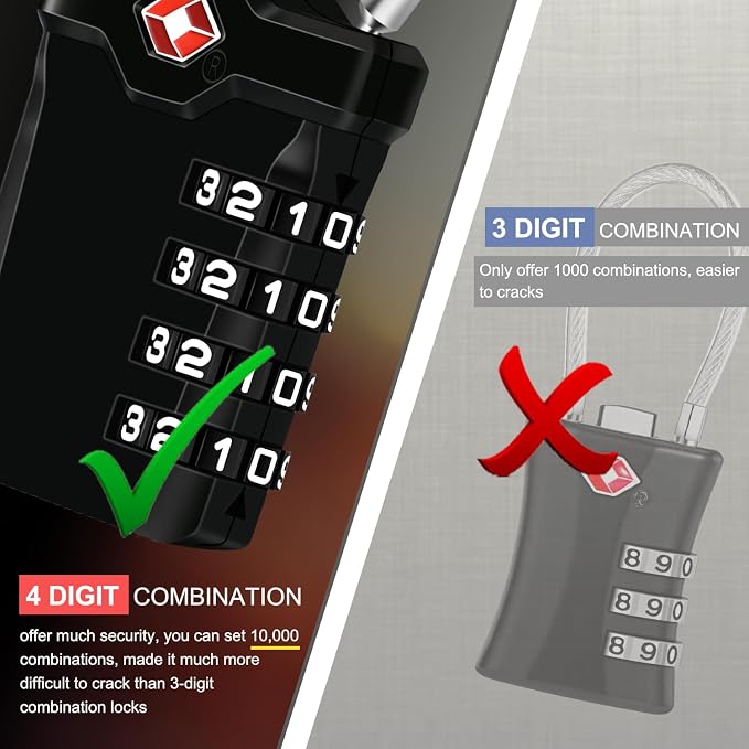 Diyife 2 Pack TSA Luggage Locks, 4 Digit Travel Combination Padlock | with 14cm Flexible Cable for Suitcase Luggage Backpack School or Gym Cabinet (Black) - Image 4