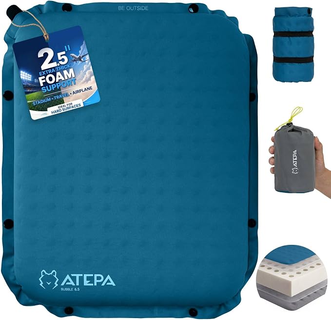 ATEPA Inflatable Seat Cushion | 2" & 2.5" Foam Core Seat Pad, Self Inflating, Compact, Stadium, Airplane, Travel, Camping, Hiking, Sports events by ATEPA