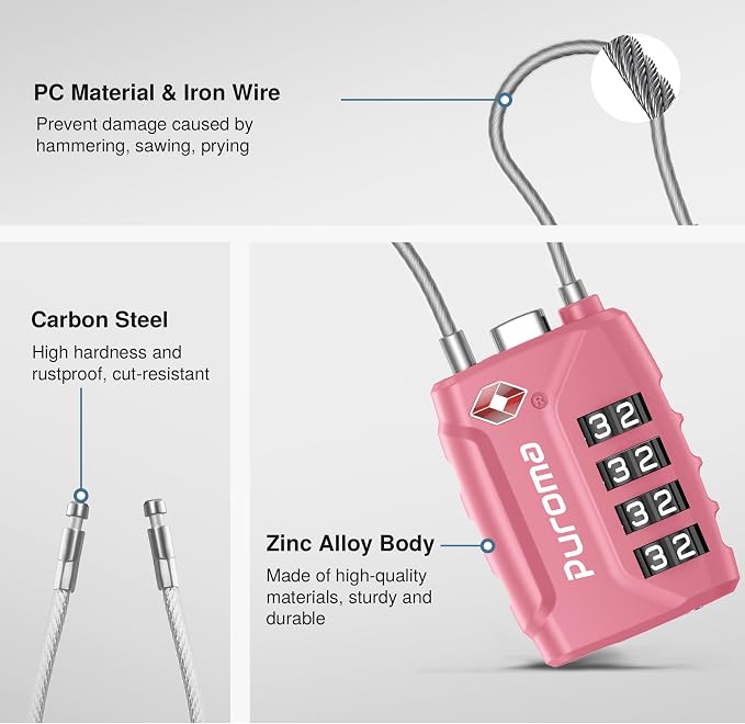 Puroma 2 Pack TSA Approved Luggage Locks 4 Digit Code Cable Lock Pink Rose | Resettable, Flexible Cable, Zipper holes, Zinc Alloy, Bright Color, Large White Numbers, Suitcase Train Travel, laptop bag - Image 5