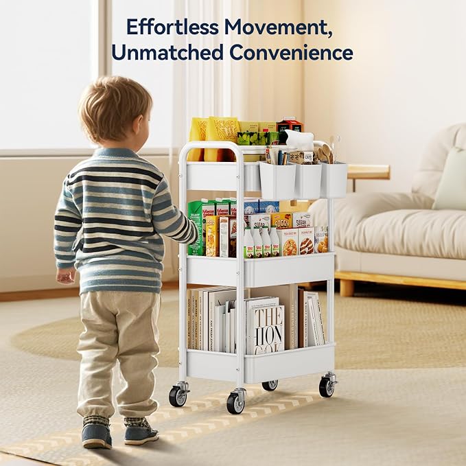 3 Tier Rolling Cart, Heavy Duty Metal Utility Cart with Wheel White | Sturdy Rolling Storage Cart With Hooks & Hanging Cups, Great For Craft, Art Workspace, Kitchen ,Snack And Office Storage - Image 3