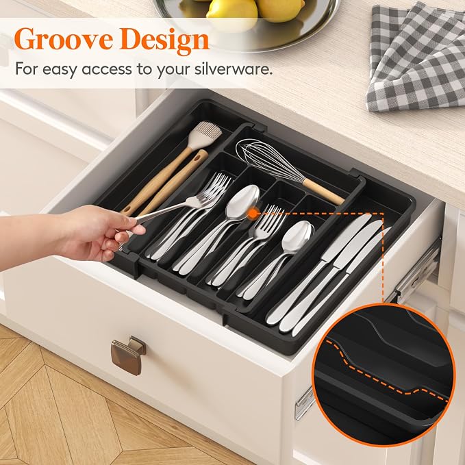 Lifewit Expandable Silverware Drawer Organizer, Kitchen Utensil Tray | BPA-free Plastic Flatware Cutlery Holder, Space-Saving Storage for Spoons Forks Knives, 8-13.8 x 11.2 x 1.4“, Black - Image 7