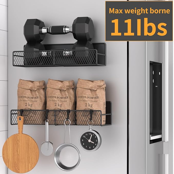 Magnetic Spice Rack for Refrigerator, 2 Pack Metal Magnetic Shelf Black, Moveable Spice Organizer with Hooks, Super Magnetic Fridge Shelf for Kitchen Organization and Storage - Image 4