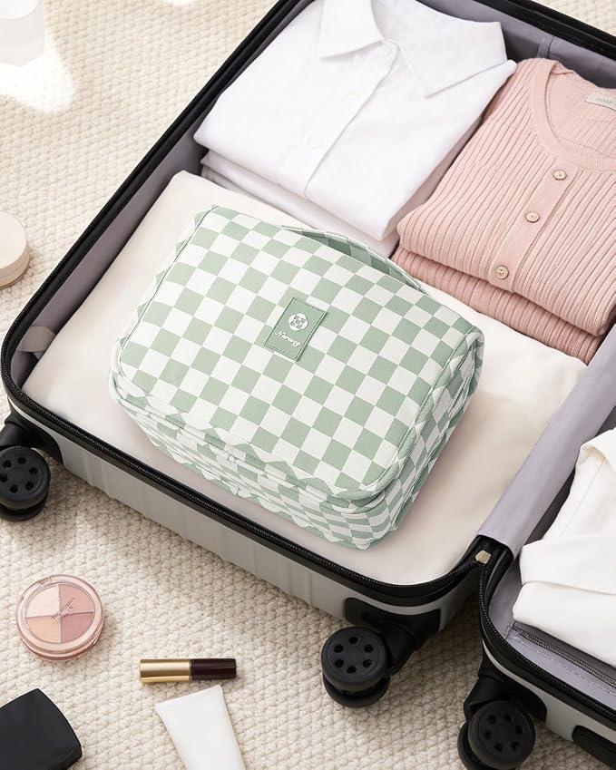Narwey Small Hanging Travel Toiletry Bag for Traveling Women, Checkered Travel Bag for Toiletries, Makeup Bag Organizer Make Up Cosmetic Bags, Gifts for Kids Teen Girls (Mint Green Checkerboard) - Image 7