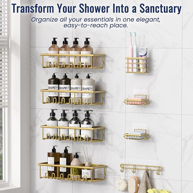 8 Pack Adhesive Large Capacity No-Drilling Shower Caddy, Gold | Rustproof Shower Shelves Rack with Soap Dishes, Toothbrush Holder & Hooks for Bathroom Organizers & Storage Accessories - Image 4