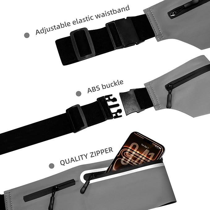 Running Belt for Men Women, Ultra-thin Run Belt with Pockets Secure Adjustable Fanny Pack Marathon Jogging Runners Belt for Phone, Keys & Essentials - Fits 6.9'' Phones (Gray, X-Large) - Image 7