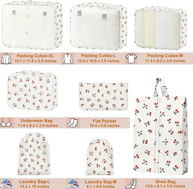 Packing Cubes for Travel - 8 Set Luggage Organizer Bags for Family, Mesh Breathable Packing Cubes for Suitcases Durable Travel Essentials Bags Set (White Cherry) - Image 2