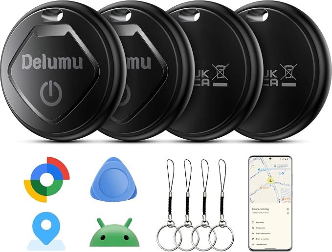 Tracker Android, 2026 New Smart Tags-4 Pack Android Tracker for Google'S Find Hub App, Bluetooth Tracker Keys Finder and Item Locator & GPS Trackers for Keys,Luggages,Wallet, IP67 by Delumu