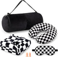 HunnmingRe 5 Pcs Travel Pillow and Blanket Set, 5 in 1 Travel Airplane Compact Includes 40 x 60 Inch Throw Blanket Eye Mask Neck Pillow Earplug and Bag Gifts for Travelers Women(Checkered,Black) by HunnmingRe