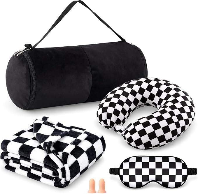 HunnmingRe 5 Pcs Travel Pillow and Blanket Set, 5 in 1 Travel Airplane Compact Includes 40 x 60 Inch Throw Blanket Eye Mask Neck Pillow Earplug and Bag Gifts for Travelers Women(Checkered,Black) by HunnmingRe