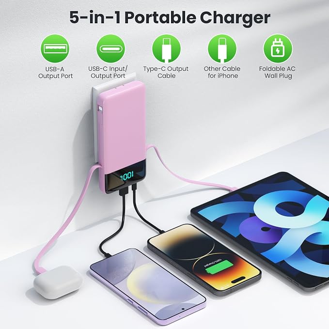 Portable Charger with Built-in AC Plug and Cables,13800mAh All in One USB C Fast Charging Power Bank,Travel Essentials Portable Phone Charger Battery Pack for iPhone 17/16/15/14/13,Galaxy,Android-Pink - Image 2