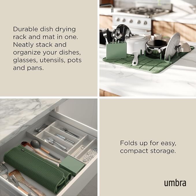Umbra Udry Dish Drying Rack with Microfiber Mat, Foldable Drainer, Spruce | Machine washable, protects countertops, utensil holder, compact space saving design - Image 4