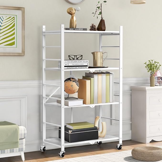 Himix 4-Tier Foldable Metal Storage Shelf with Wheels Kitchen White | Metal collapsible organization, Folding shelves rack, Wire shelving, Garage, Unit rolling cart, No assembly, Holds 352 Ibs - Image 2