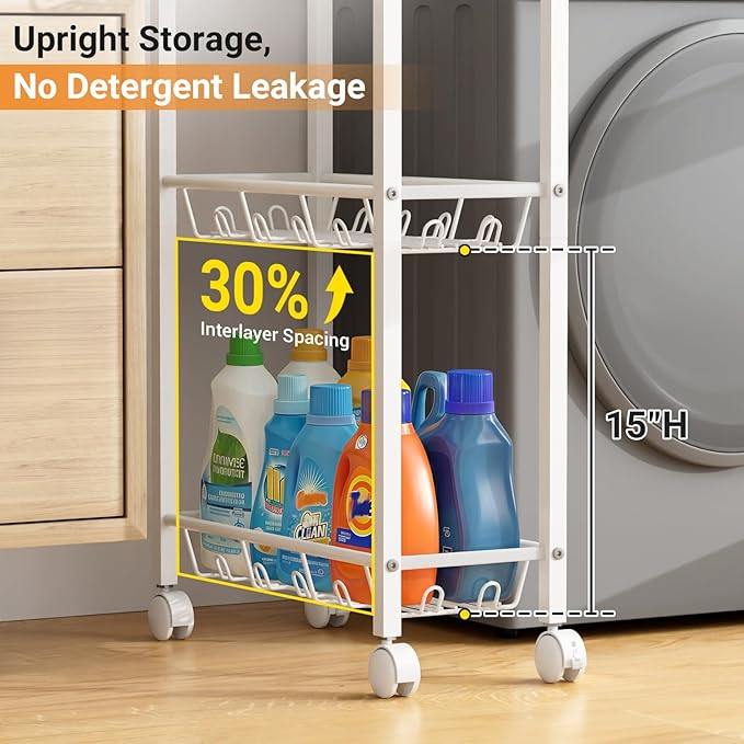 AOODA Laundry Room Cart with Top Detergent Holder, Metal Rolling Storage Cart Between Washer and Dryer, 3 Tier Narrow Laundry Room Organization and Storage with Wheels (White) - Image 4