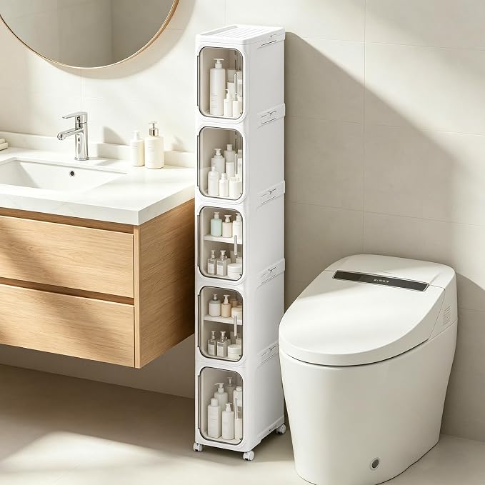 5-Tier Narrow Storage Cabinet Slim Bathroom Tall Skinny Organizer | Movable Slim Storage Cabinet with Lockable Rolling Wheels Adjustable Detachable Shelves Snap Assembly for Small Spaces,White by LXLXXL