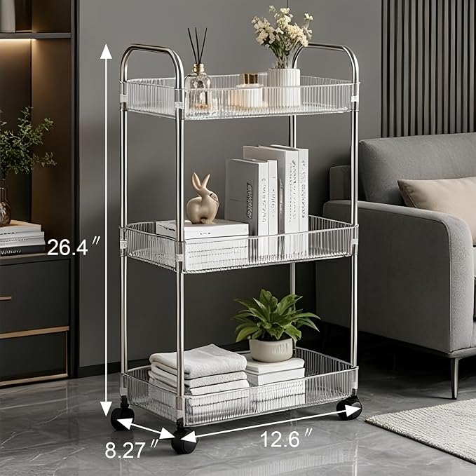 Sooyee Clear 3-Tier Plastic Rolling Utility Cart with Wheels | Multi-Functional Storage Cart Trolley, For Office, Bathroom,Living Room, Kitchen, Movable Storage Organizer - Image 6