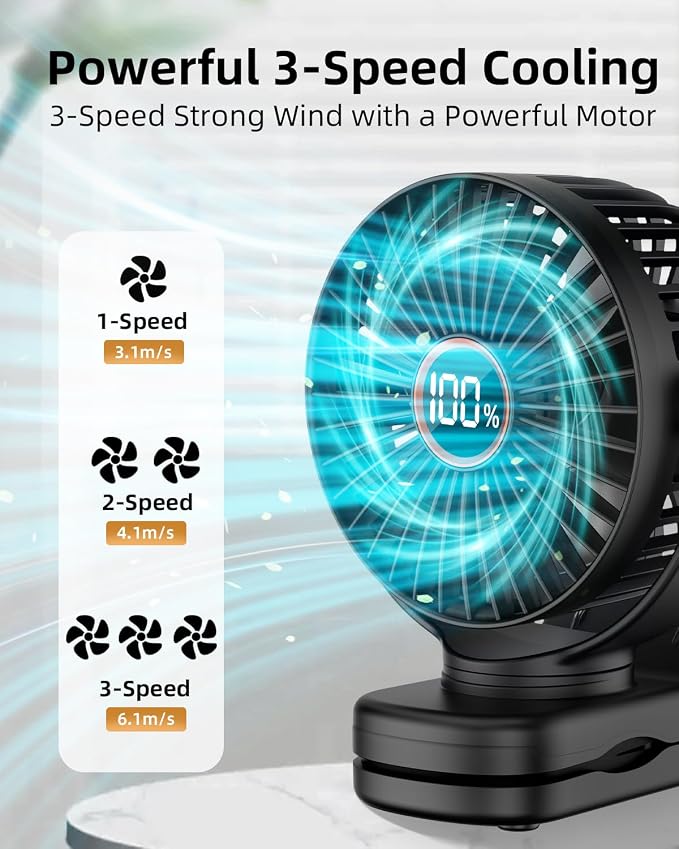 buywoo Portable Mini Personal Fan, Small Rechargeable Battery Powered Stroller Fan for Desk, Strong Clamp Grip, 360° Rotation, 3-Speed, LED Display, Clip On Cooler for Bed, Golf Cart, Office, Black - Image 4