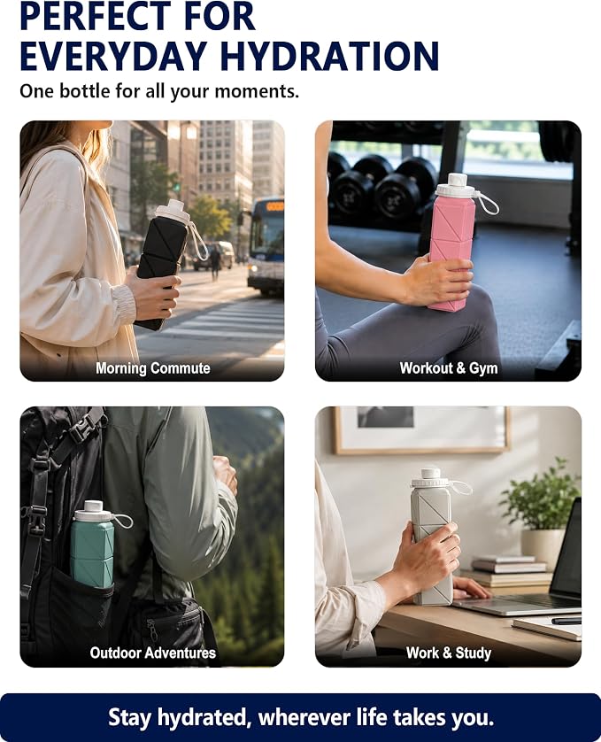 BEAUTAIL Collapsible Water Bottles 21oz/610mL, Silicone Travel Water Bottle | BPA Free, Leakproof & Reusable, Foldable Water Bottle for Traveling, Hiking, Gym, School, Sports, Outdoor, 1-Pack, Dark Blue - Image 6