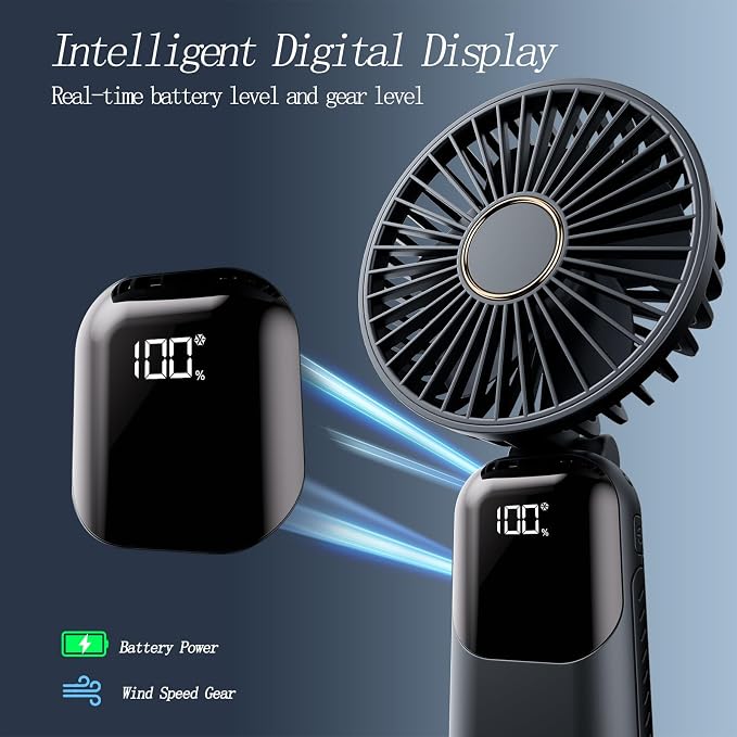 GOCKERA Portable Fan, 4200mAh Battery Operated Fan, 5 Speeds&Digital Display, Makeup Fans for Women with Base, 180°Foldable 3in1 Handheld/Neck/Desk Fan for Outdoor Indoor,Ultra Quiet (Black) - Image 4