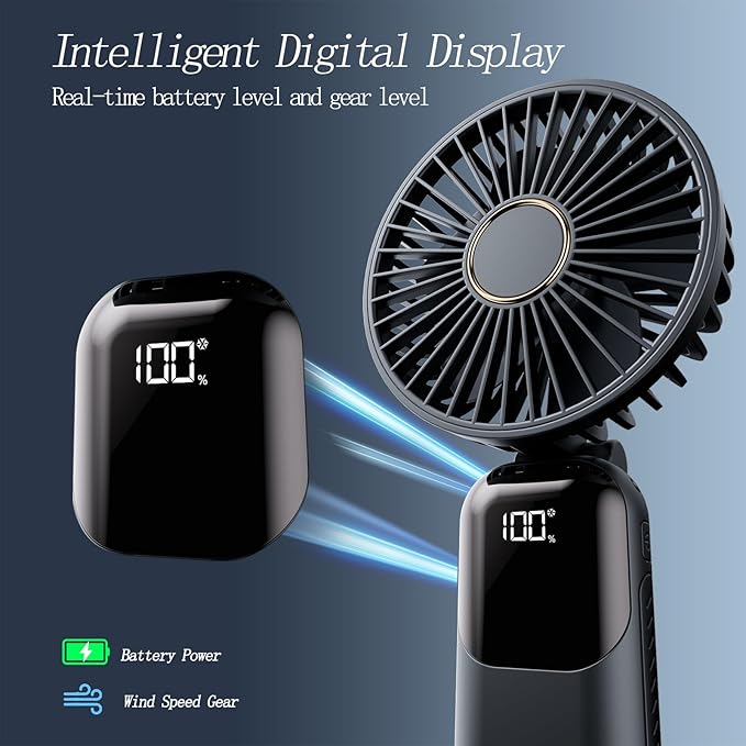 GOCKERA Portable Fan, 4200mAh Battery Operated Fan, 5 Speeds&Digital Display, Makeup Fans for Women with Base, 180°Foldable 3in1 Handheld/Neck/Desk Fan for Outdoor Indoor,Ultra Quiet (Black white) - Image 4
