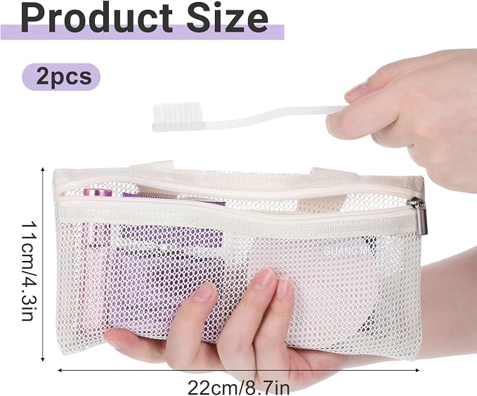 2 Pcs Toothbrush Bag, Mesh Travel Bags Toothbrush Pouch Small Toiletry Pouch Mesh Travel Organizer Bags Portable Makeup Bag Square Storage Holder with Zipper for Men and Women (White, Purple) - Image 2