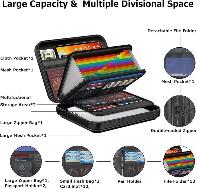 Fireproof Document Box with Lock & Shoulder Strap | Waterproof, Hard-Shell, Portable Fireproof Box Safe Storage with Pocket Accordion File Folder for Documents, Laptop - Image 5