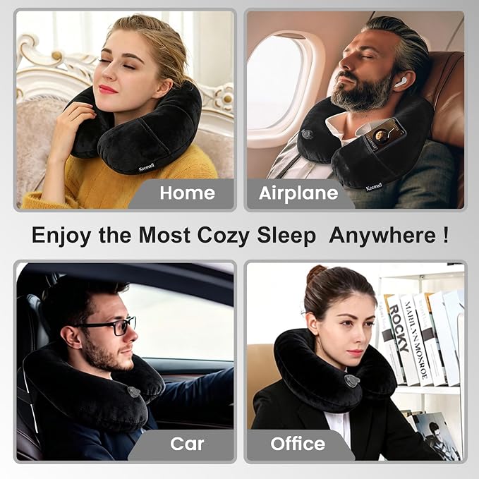 Keemall Inflatable Travel Neck & Shoulder Pillow for Airplanes & Long Trips | Ergonomic Portable Cushion Relieves Neck Pain, Quick Inflation & Deflation,for Long Flights & Business Travel, Premium Black - Image 7